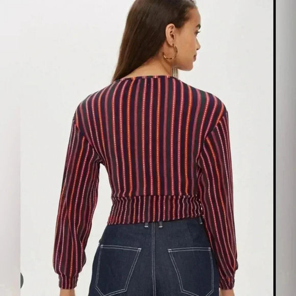 Topshop Striped Plisse Wrap Top in Navy Cropped Plunge Neck Blouse - Picture 2 of 14